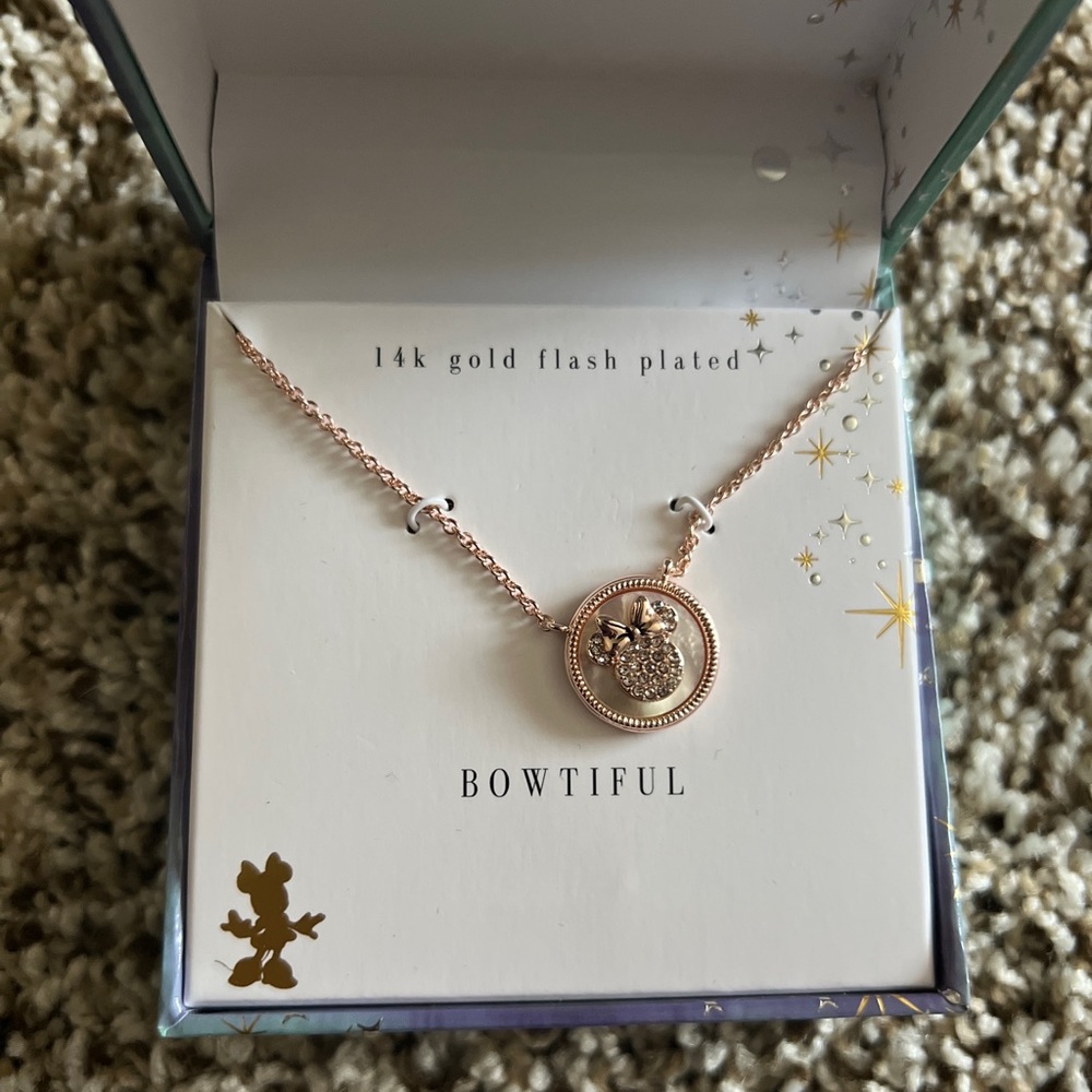 COPY - Disney Rose Gold Tone Clear Crystal MOP Minnie Mouse Bowtiful Necklace $…